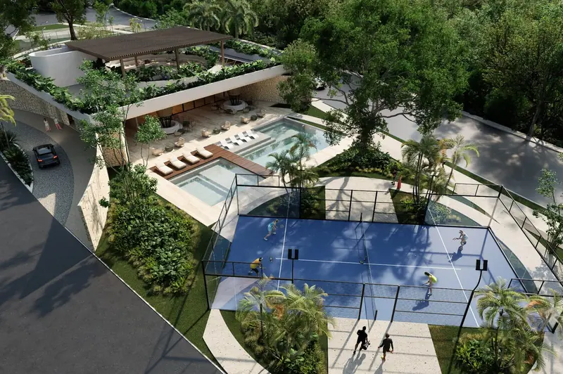 Vista aérea de la Casa Club con terraza, jacuzzi y cancha de pádel